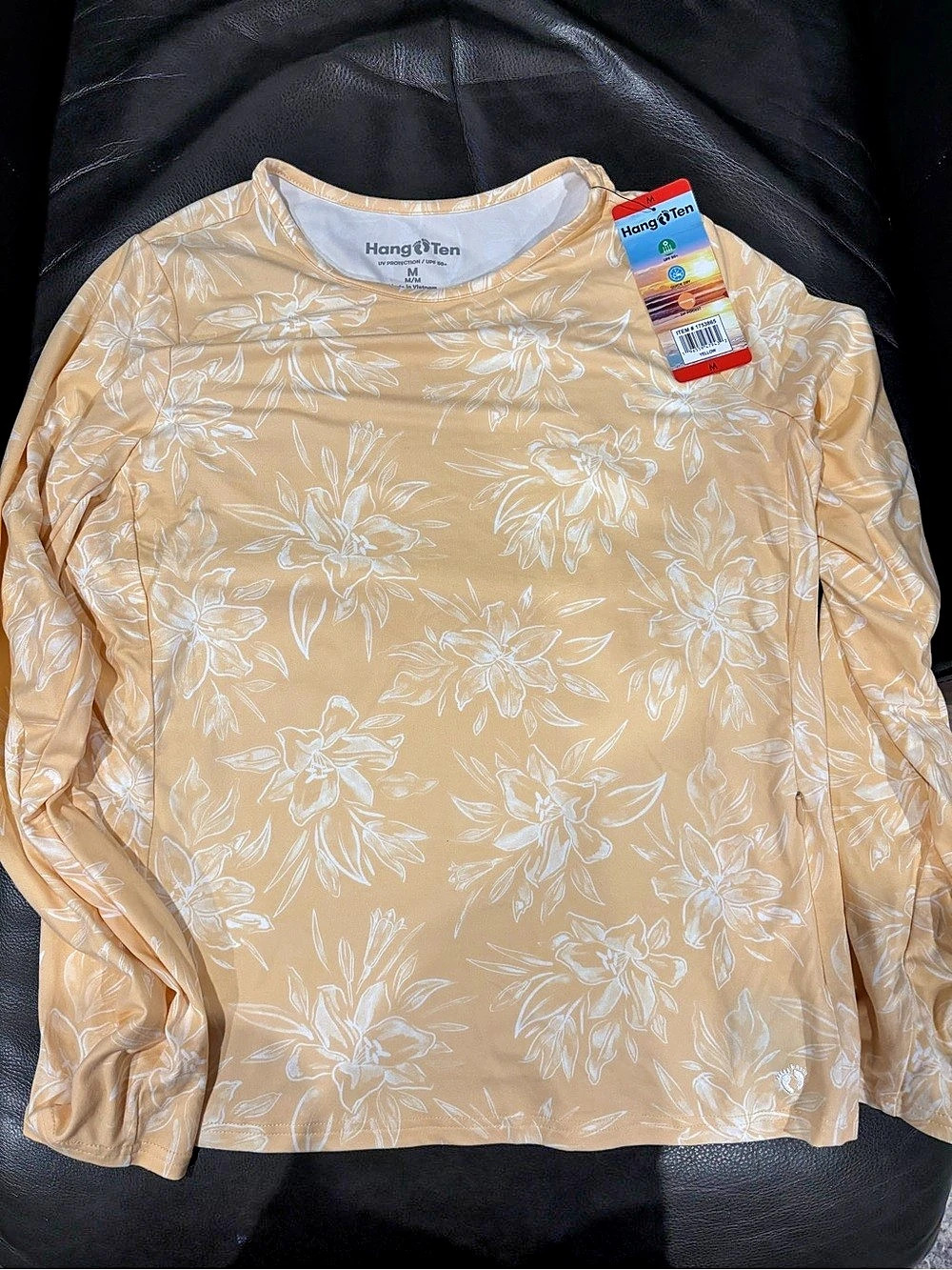 Hang Ten NWT Ladies Sun Protection Tee Floral Long Sleeve Top in Yellow & White
